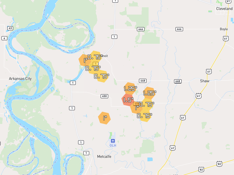 Hail map of Benoit, MS on Jun 2, 2026, hail up to 1.5"