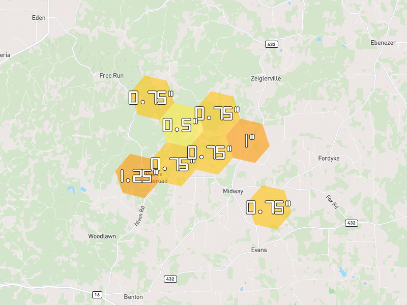 Hail map of Benton, MS on Jul 1, 2026, hail up to 1.25"