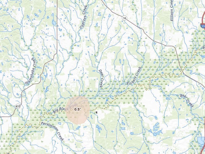 Radar-estimated hail-size map of the storm over Benton, MS on Aug 10, 2026