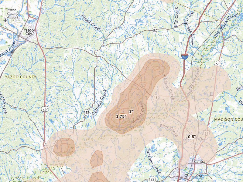 Radar-estimated hail-size map of the storm over Benton, MS on Aug 20, 2026