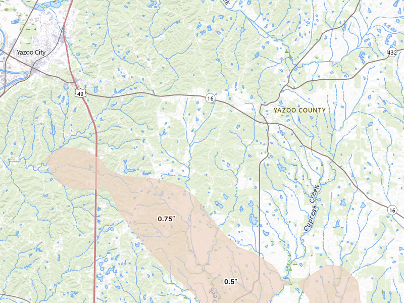 Radar-estimated hail-size map of the storm over Benton, MS on Aug 26, 2026