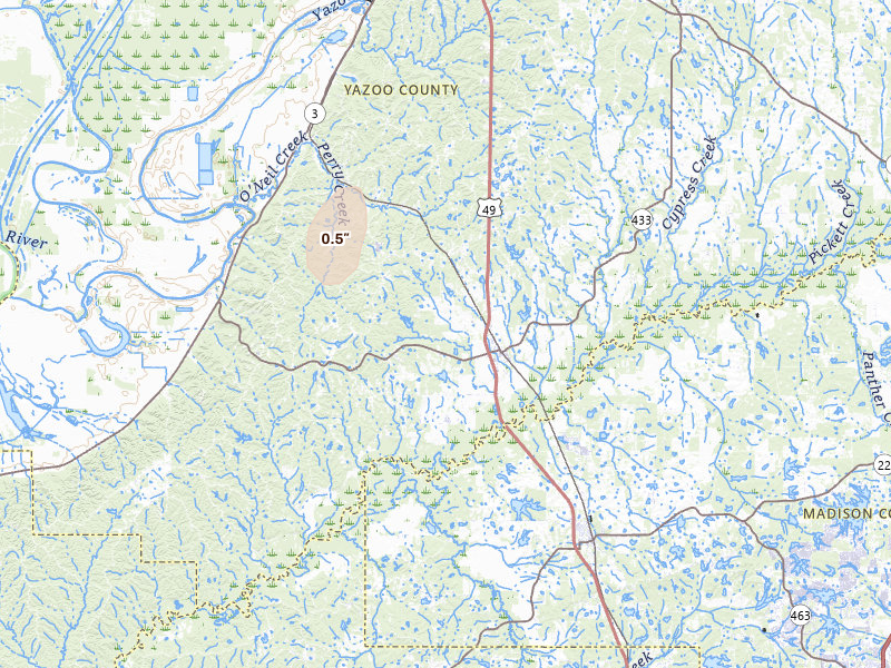 Radar-estimated hail-size map of the storm over Bentonia, MS on Mar 31, 2026