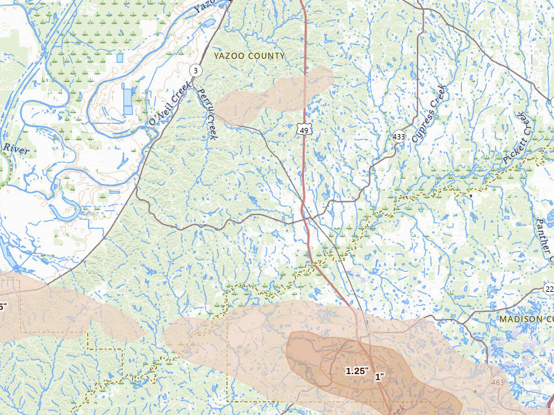 Radar-estimated hail-size map of the storm over Bentonia, MS on Apr 24, 2026