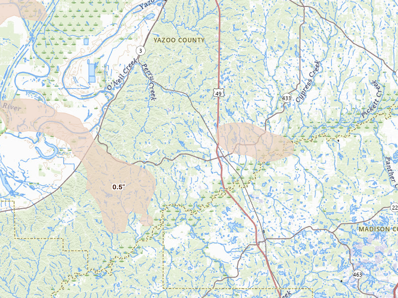 Radar-estimated hail-size map of the storm over Bentonia, MS on Jun 22, 2026
