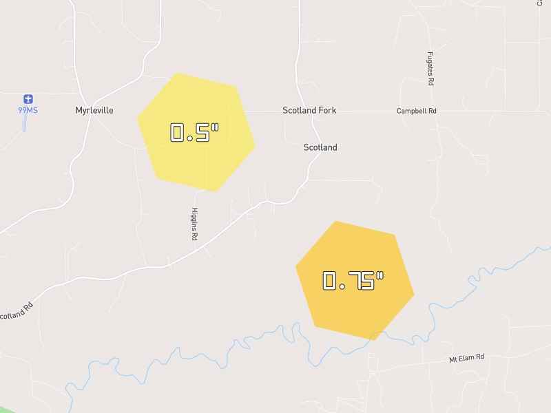 Hail map of Bentonia, MS on Jul 2, 2026, hail up to 0.75"