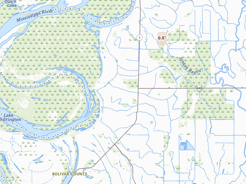 Radar-estimated hail-size map of the storm over Beulah, MS on Jun 19, 2026
