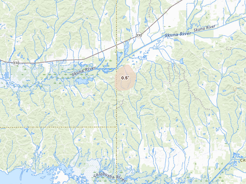 Radar-estimated hail-size map of the storm over Big Creek, MS on Aug 10, 2026