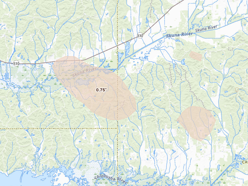 Radar-estimated hail-size map of the storm over Big Creek, MS on Aug 20, 2026