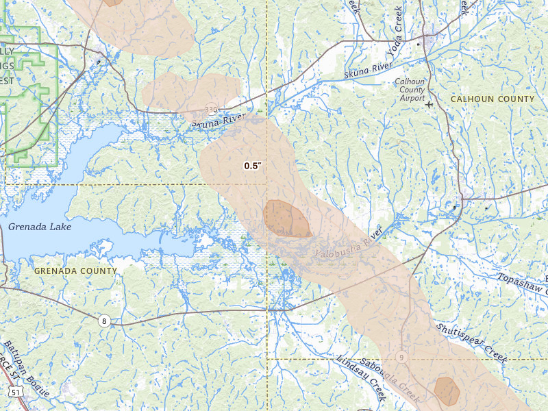 Radar-estimated hail-size map of the storm over Big Creek, MS on Aug 22, 2026