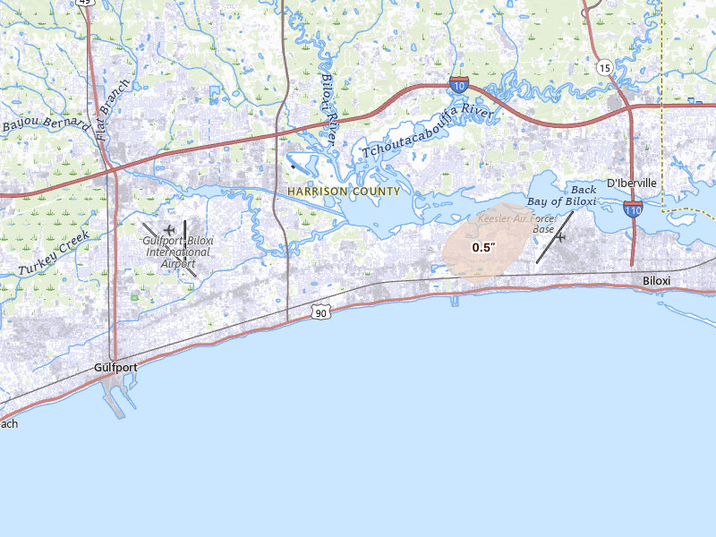 Radar-estimated hail-size map of the storm over Biloxi, MS on Jun 19, 2026