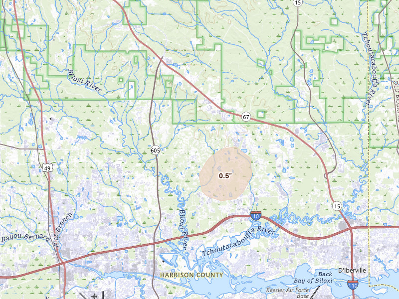 Radar-estimated hail-size map of the storm over Biloxi, MS on Aug 20, 2026