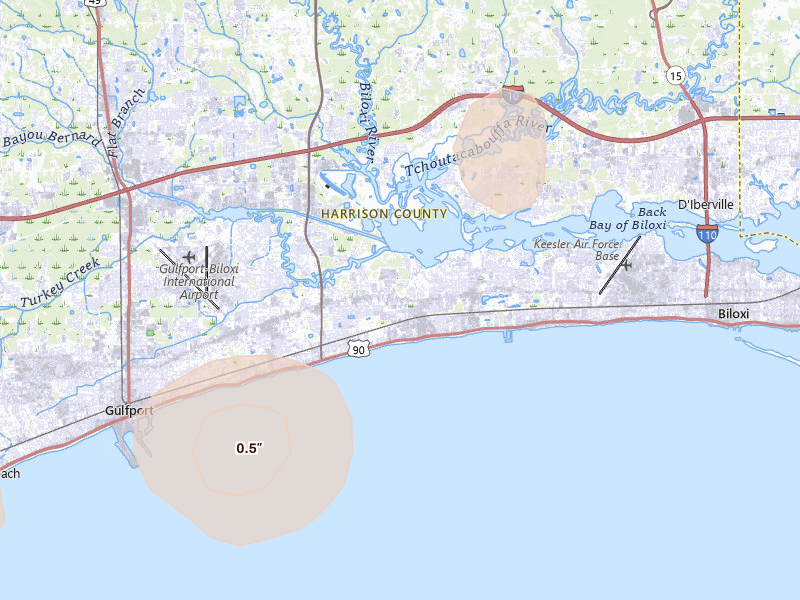 Radar-estimated hail-size map of the storm over Biloxi, MS on Aug 26, 2026
