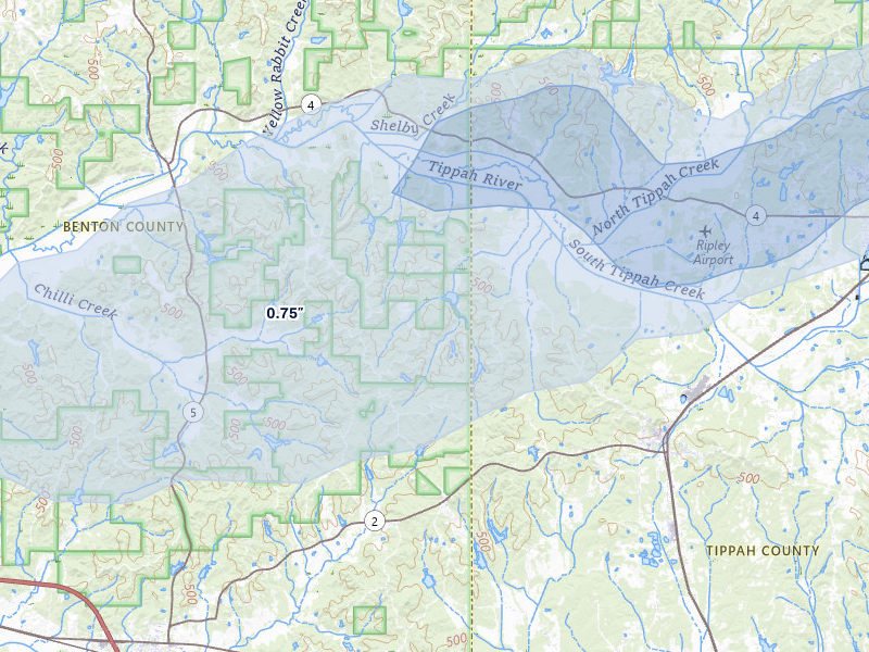 NEXRAD radar-signature map of the hail over Blue Mountain, MS