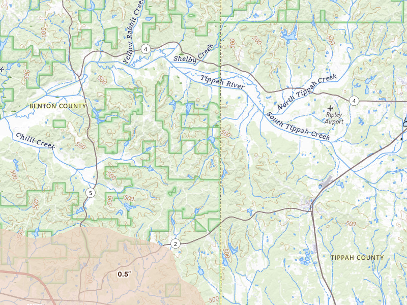 Radar-estimated hail-size map of the storm over Blue Mountain, MS on Apr 27, 2026