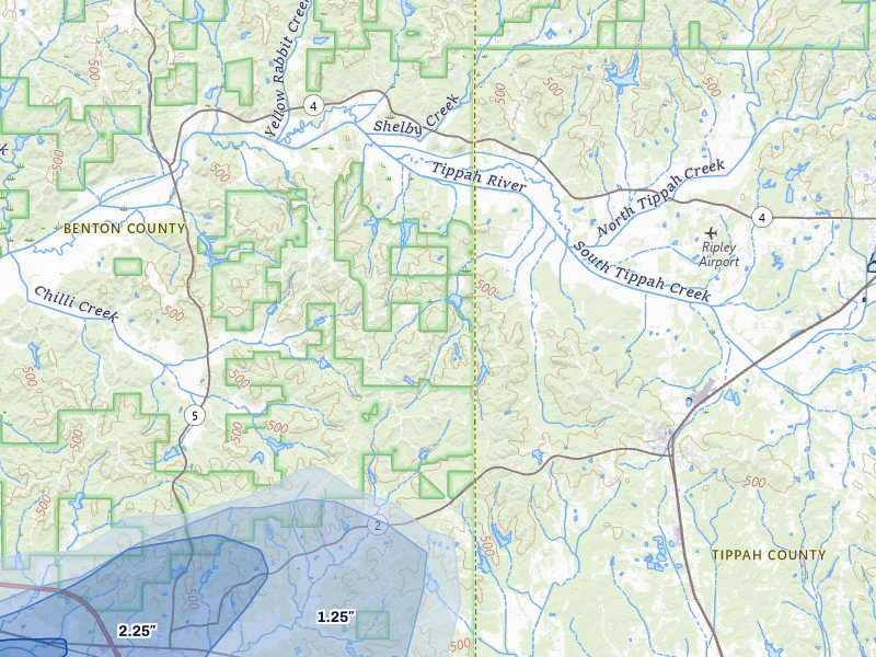 NEXRAD radar-signature map of the hail over Blue Mountain, MS