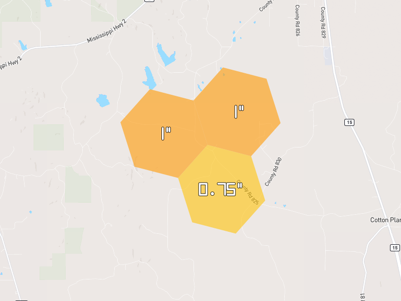 Hail map of Blue Mountain, MS on Jul 1, 2026, hail up to 1"