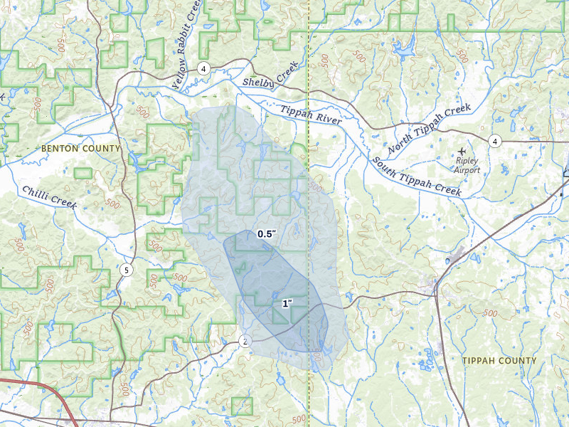 NEXRAD radar-signature map of the hail storm over Blue Mountain, MS on Jul 3, 2026