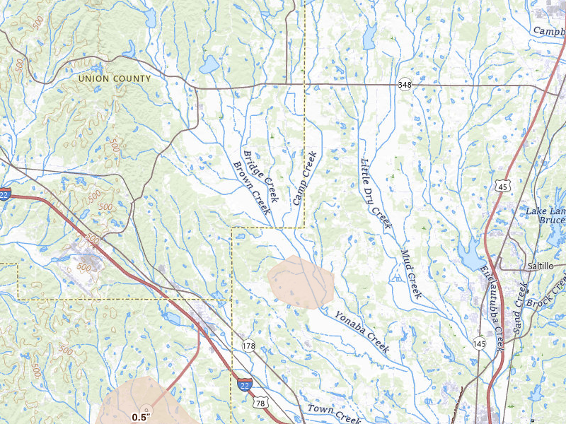Radar-estimated hail-size map of the storm over Blue Springs, MS on Mar 15, 2026