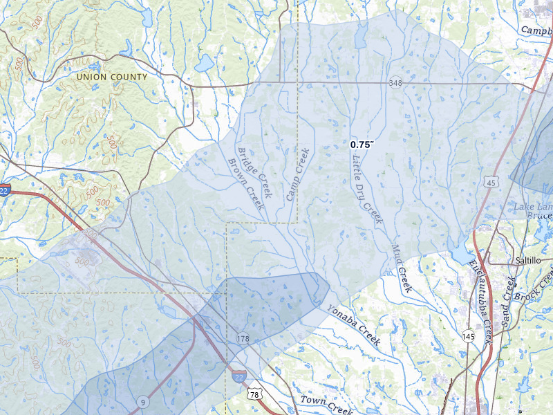 NEXRAD radar-signature map of the hail over Blue Springs, MS