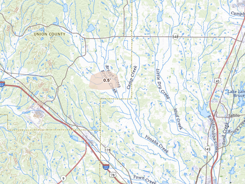 Radar-estimated hail-size map of the storm over Blue Springs, MS on Jul 1, 2026