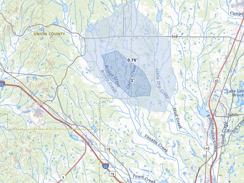 NEXRAD radar-signature map of the hail over Blue Springs, MS