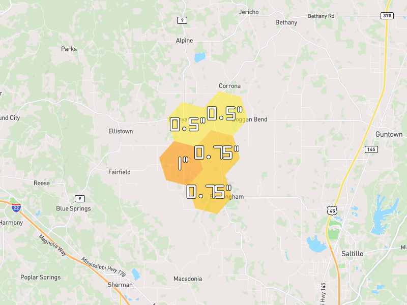 Hail map of Blue Springs, MS on Jul 1, 2026, hail up to 1"