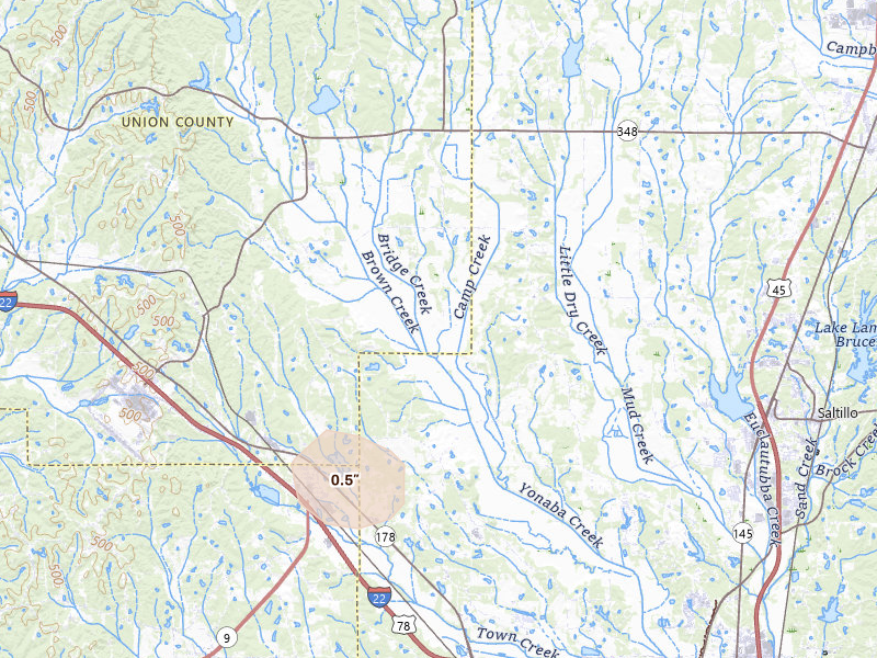 Radar-estimated hail-size map of the storm over Blue Springs, MS on Aug 17, 2026