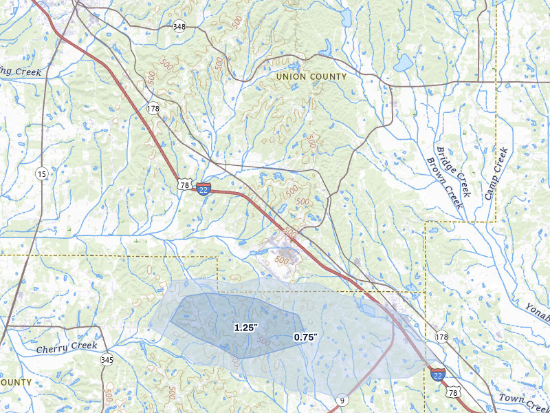 NEXRAD radar-signature map of the hail storm over Blue Springs, MS on Aug 17, 2026