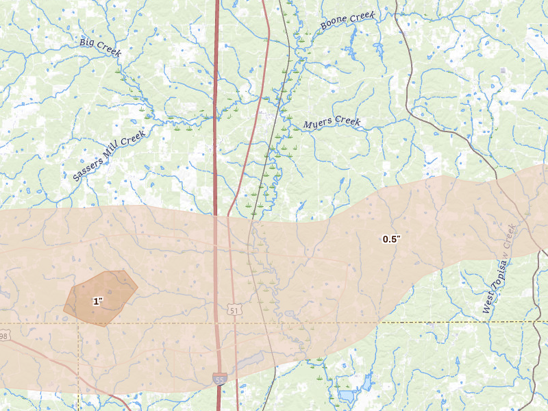 Radar-estimated hail-size map of the storm over Bogue Chitto, MS