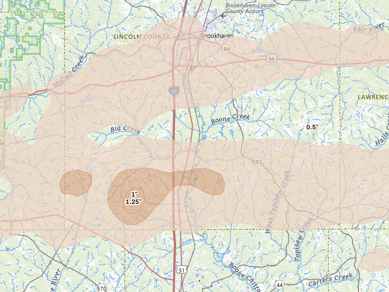Radar-estimated hail-size map of the storm over Bogue Chitto, MS on May 6, 2026