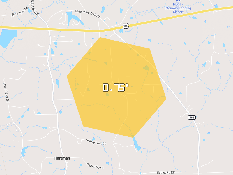 Hail map of Bogue Chitto, MS on Jul 1, 2026, hail up to 0.75"