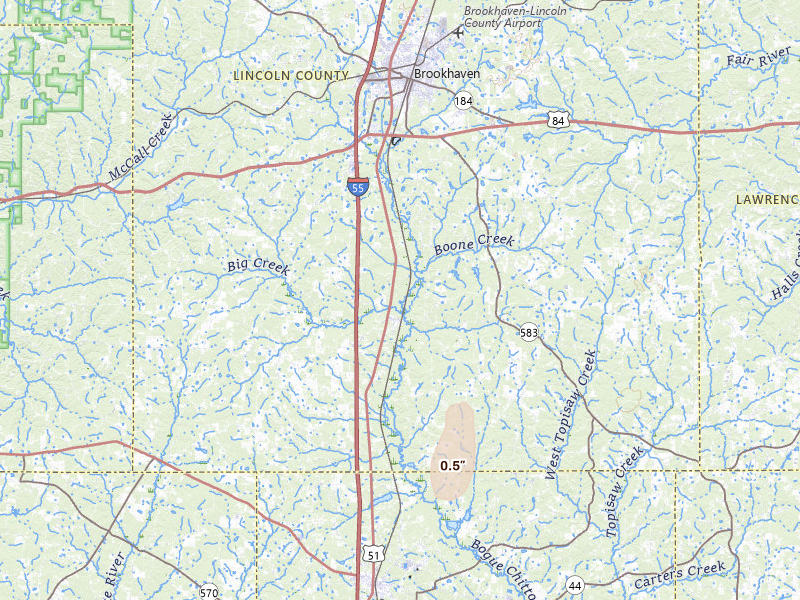 Radar-estimated hail-size map of the storm over Bogue Chitto, MS on Jul 2, 2026