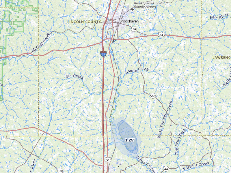 NEXRAD radar-signature map of the hail over Bogue Chitto, MS