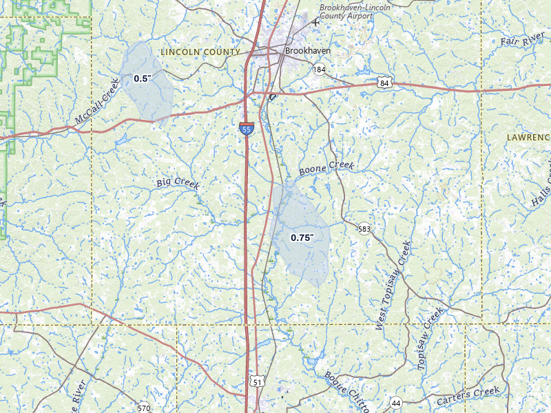 NEXRAD radar-signature map of the hail over Bogue Chitto, MS