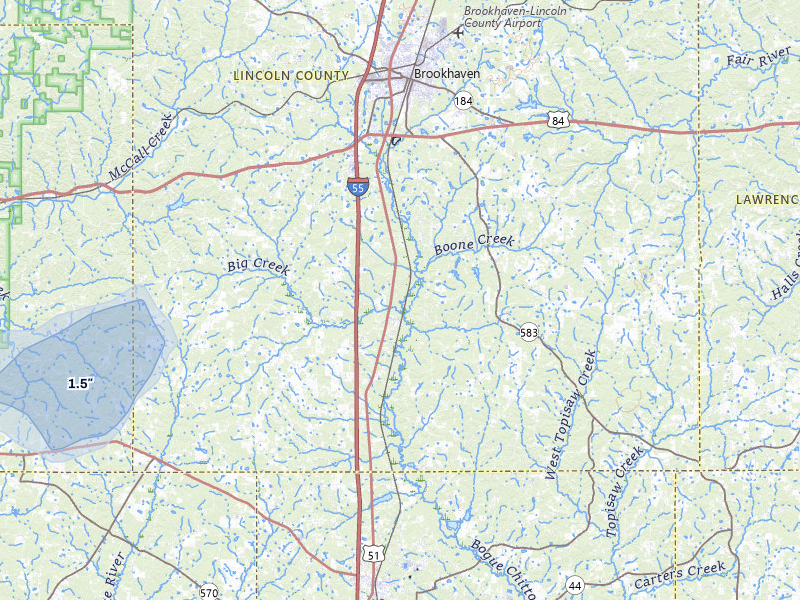 NEXRAD radar-signature map of the hail storm over Bogue Chitto, MS on Jul 30, 2026