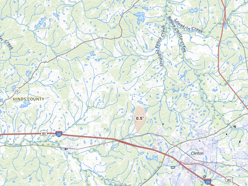 Radar-estimated hail-size map of the storm over Bolton, MS on Mar 15, 2026