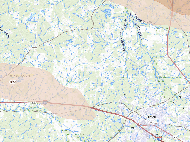 Radar-estimated hail-size map of the storm over Bolton, MS on Apr 24, 2026