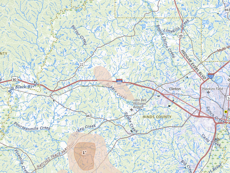 Radar-estimated hail-size map of the storm over Bolton, MS on Aug 21, 2026