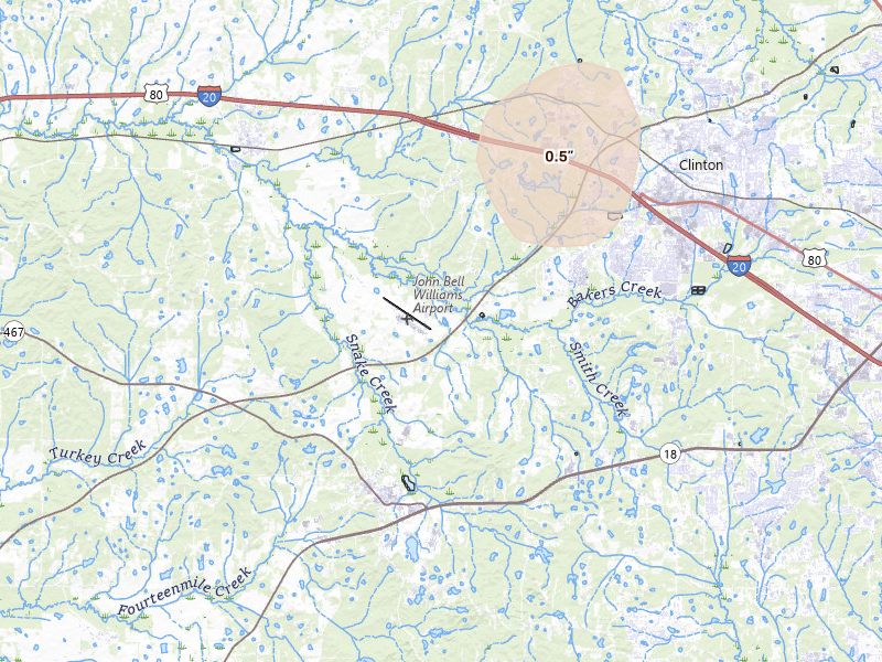 Radar-estimated hail-size map of the storm over Bolton, MS on Aug 26, 2026