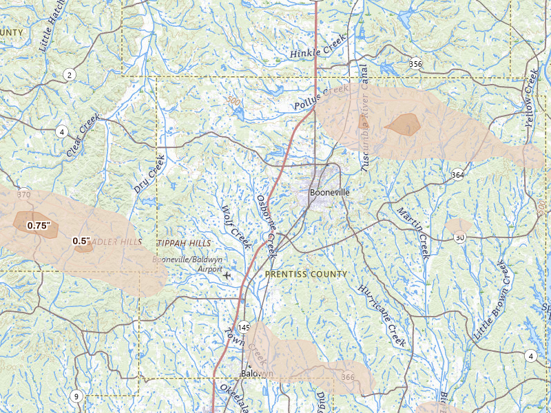 Radar-estimated hail-size map of the storm over Booneville, MS on Feb 26, 2026