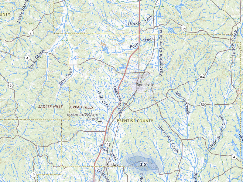 NEXRAD radar-signature map of the hail over Booneville, MS
