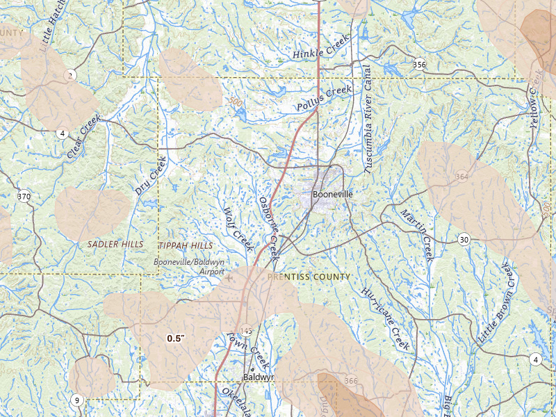 Radar-estimated hail-size map of the storm over Booneville, MS on Jun 1, 2026