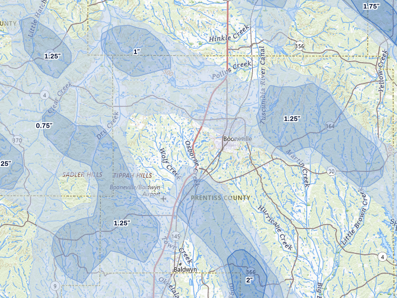 NEXRAD radar-signature map of the hail storm over Booneville, MS on Jun 1, 2026