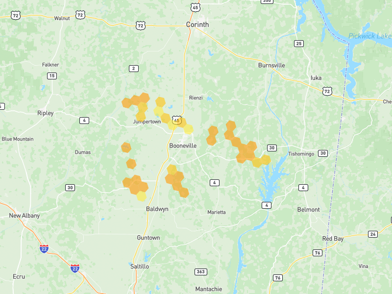 Hail map of Booneville, MS on Jun 1, 2026, hail up to 1.25"