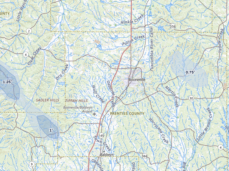 NEXRAD radar-signature map of the hail storm over Booneville, MS on Jul 3, 2026