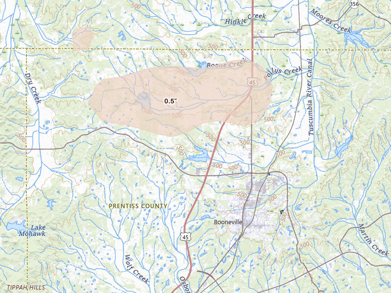 Radar-estimated hail-size map of the storm over Booneville, MS on Aug 9, 2026