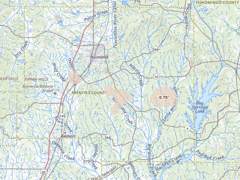 Radar-estimated hail-size map of the storm over Booneville, MS on Aug 17, 2026