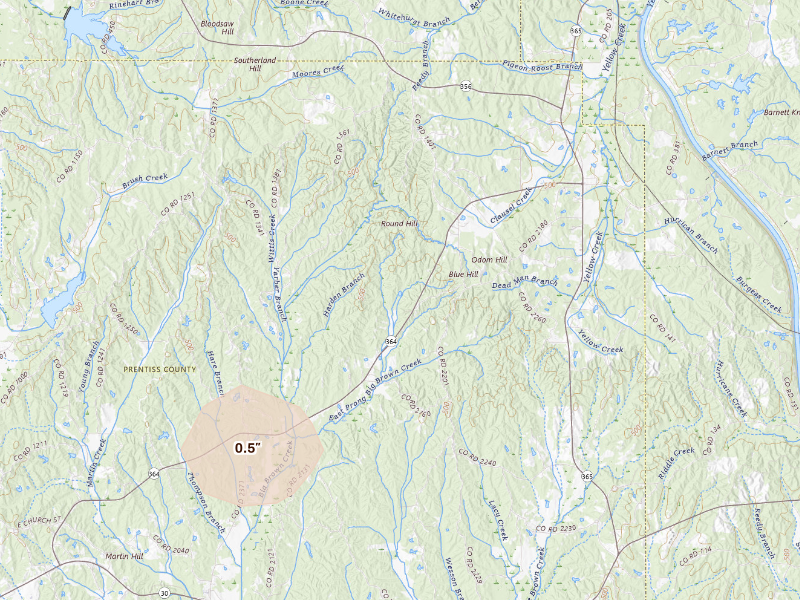 Radar-estimated hail-size map of the storm over Booneville, MS
