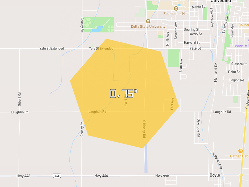 Hail map of Boyle, MS on Jul 2, 2026, hail up to 0.75"
