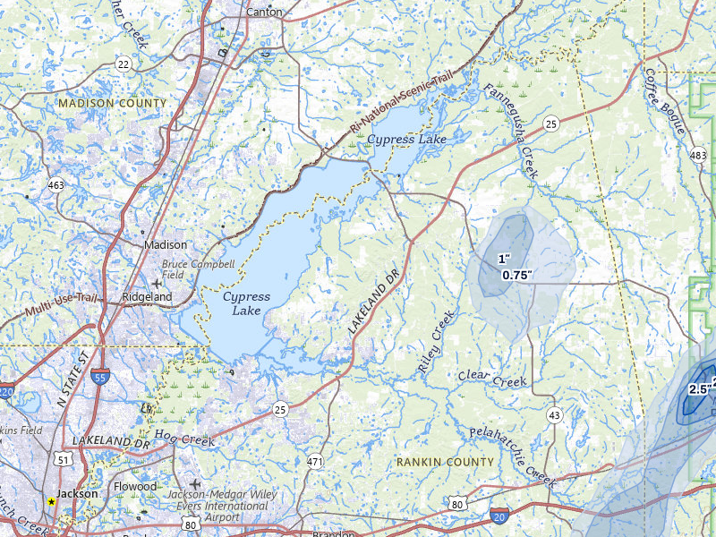 NEXRAD radar-signature map of the hail storm over Brandon, MS on Mar 7, 2026